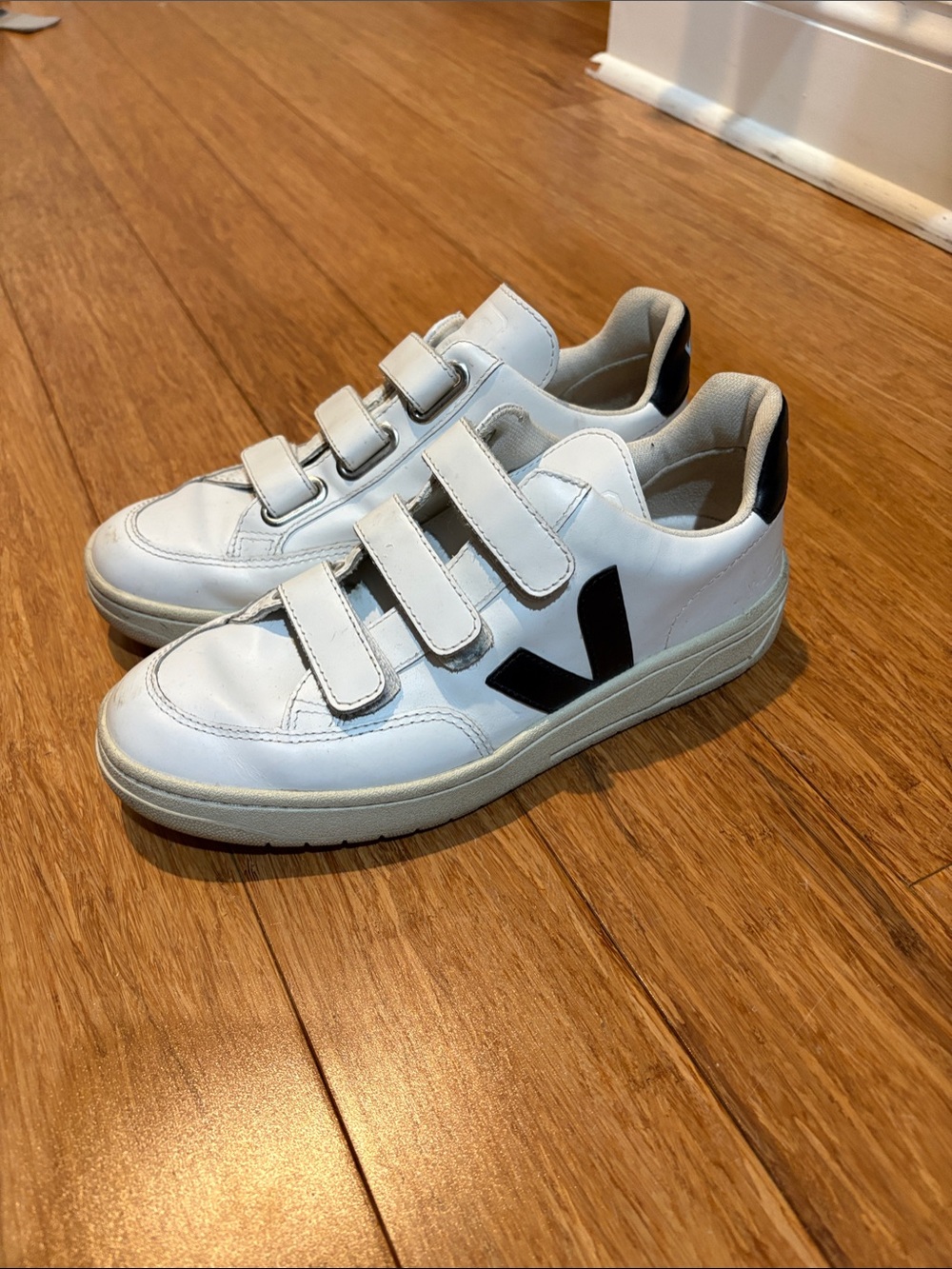 Veja White Leather Velcro Sneakers with Black V Accent